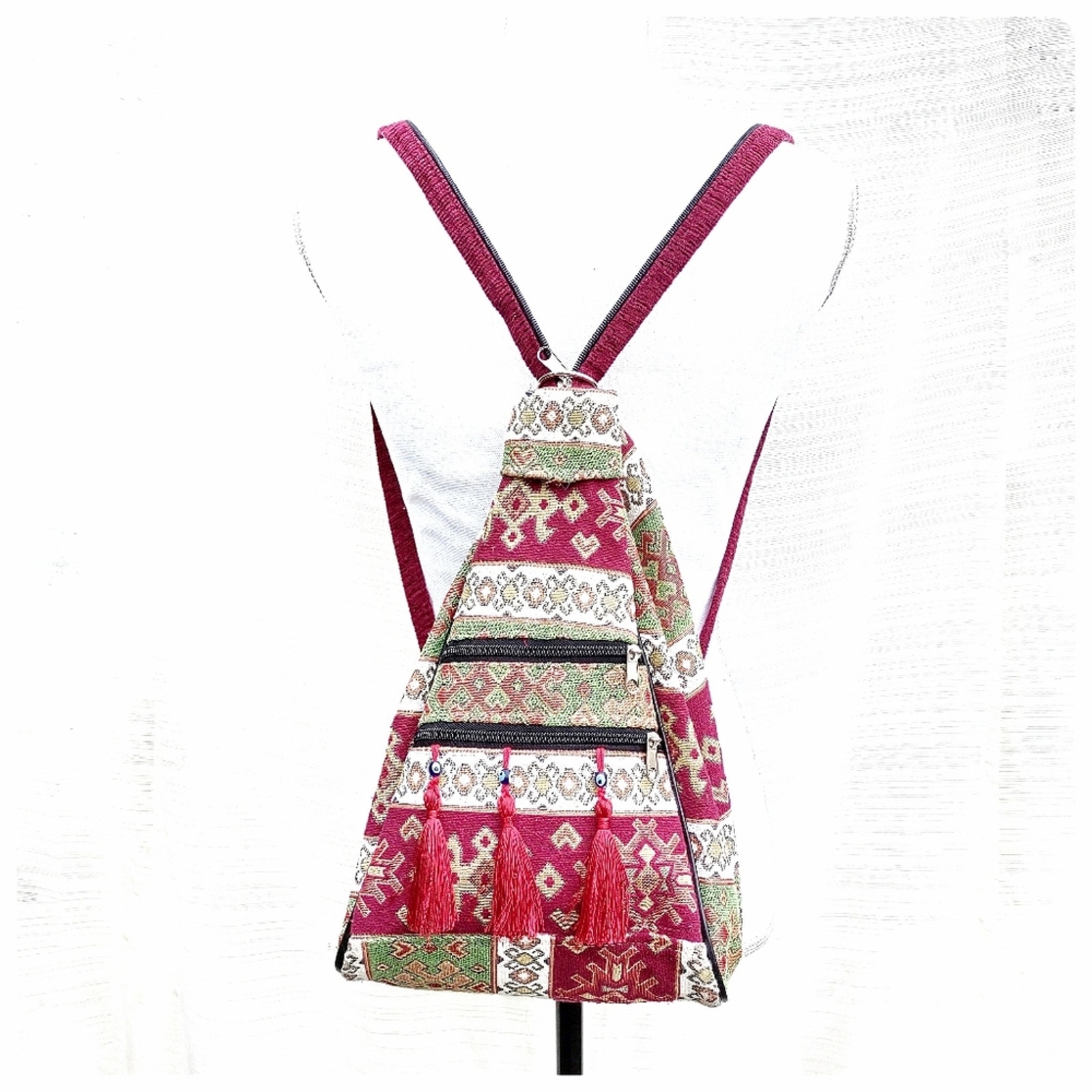 Bohemian Backpack Ethnic Turkish Red Green White Tapestry Shoulder Bag Tassels